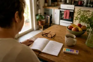 Middle-aged person reading a notebook at a kitchen table in the morning, with tea, pill organizer, and fruit nearby, illuminated by gentle natural light.