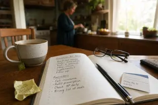 Notebook with handwritten checklist, mug of tea, pen, and glasses on a kitchen table in morning light, with a blurred woman preparing breakfast in the background.