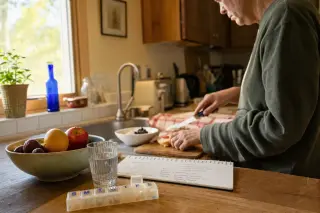 Handwritten notes, fruit bowl, and pill organizer on a kitchen counter in soft morning light, with a middle-aged person preparing breakfast in the background.