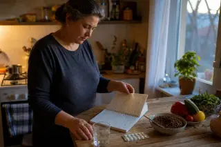 Person reading handwritten recipe in modest kitchen beside lentils, vegetables, vitamins, and glass of water, in warm, natural evening light.