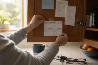 Adult attaching a vaccination card to a kitchen cabinet door among daily reminders, in soft morning light, with homey, lived-in details visible