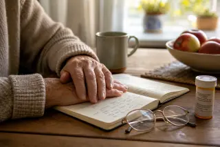 Elderly hands resting on a notebook beside glasses and a pill bottle on a kitchen table in soft natural morning light.
