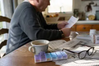 Morning kitchen table with open pill organizer, newspaper, tea cup, and a person reading a leaflet in the background, natural soft lighting.