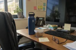Candid close-up of a slightly messy office desk with wellness reminders, water bottle, snacks, and soft afternoon light from a window.