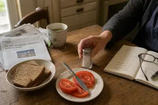 Close-up of a middle-aged person's hand moving a salt shaker away from a breakfast plate in a modest, softly lit kitchen, surrounded by simple food and a health article on the table.