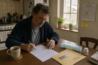 Middle-aged man at kitchen table thoughtfully filling out a health questionnaire in gentle morning light, with a cup of tea, pill organizer, and calendar nearby.