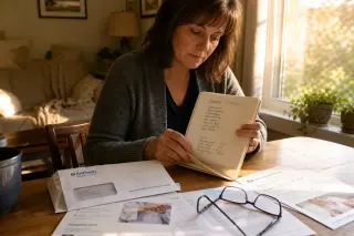 Woman at home reviewing health documents and notes at a sunlit table, surrounded by everyday objects, in a quiet, early morning atmosphere.