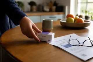 Hand setting a home test kit beside an appointment letter and reading glasses on a kitchen table, in soft morning light, with a blurred domestic background.