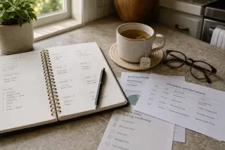 Kitchen table in morning light with open planner, cup of tea, reading glasses, and medical documents suggesting health organization after 40.