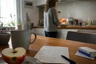 Sunlit kitchen table with half-eaten apple, mug, handwritten note with appointments, and a small medication box; a person tidying up in the background, scene feels authentic and lived-in.