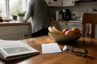 Handwritten appointment note, bowl of fruit, and reading glasses on a kitchen table in morning light, hinting at preventive daily routines.