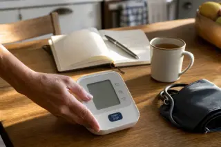 Hand placing digital blood pressure monitor on kitchen table beside mug and open notebook, morning light softly illuminating the scene.